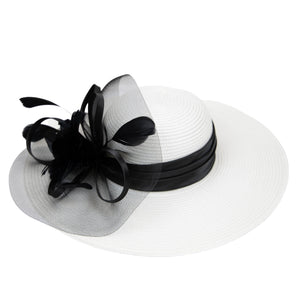 Women's polyester braid with color pop satin band, mesh and feather flower trim (DRS1026)