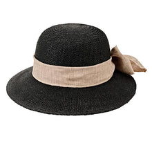 Load image into Gallery viewer, Women&#39;s black concentric brim cloche with linen bow trim (PBM3020)
